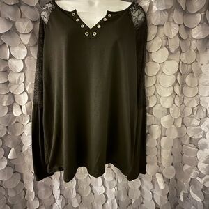 Women's Black Lace-Inset V-Neck Long Sleeve Top